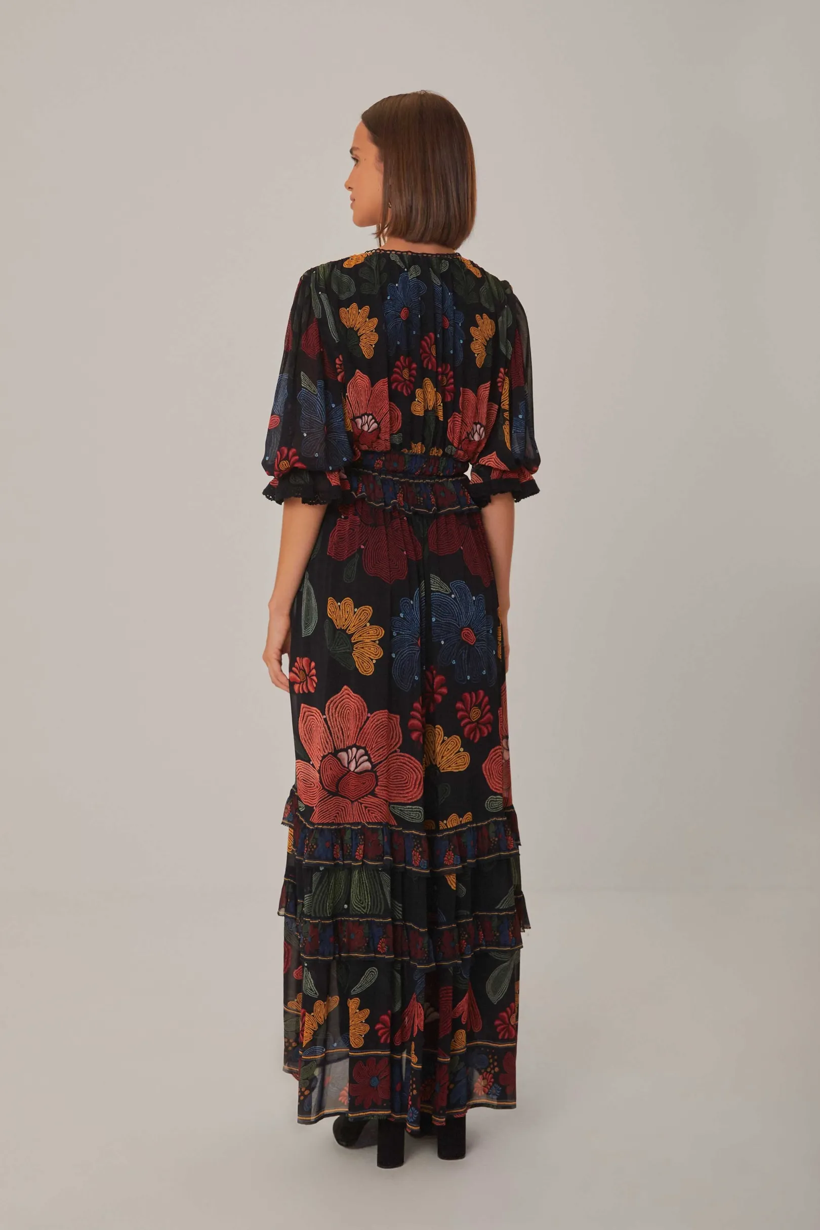 FARM Rio BLACK STITCHED GARDEN SHORT SLEEVE MAXI DRESS Cheap