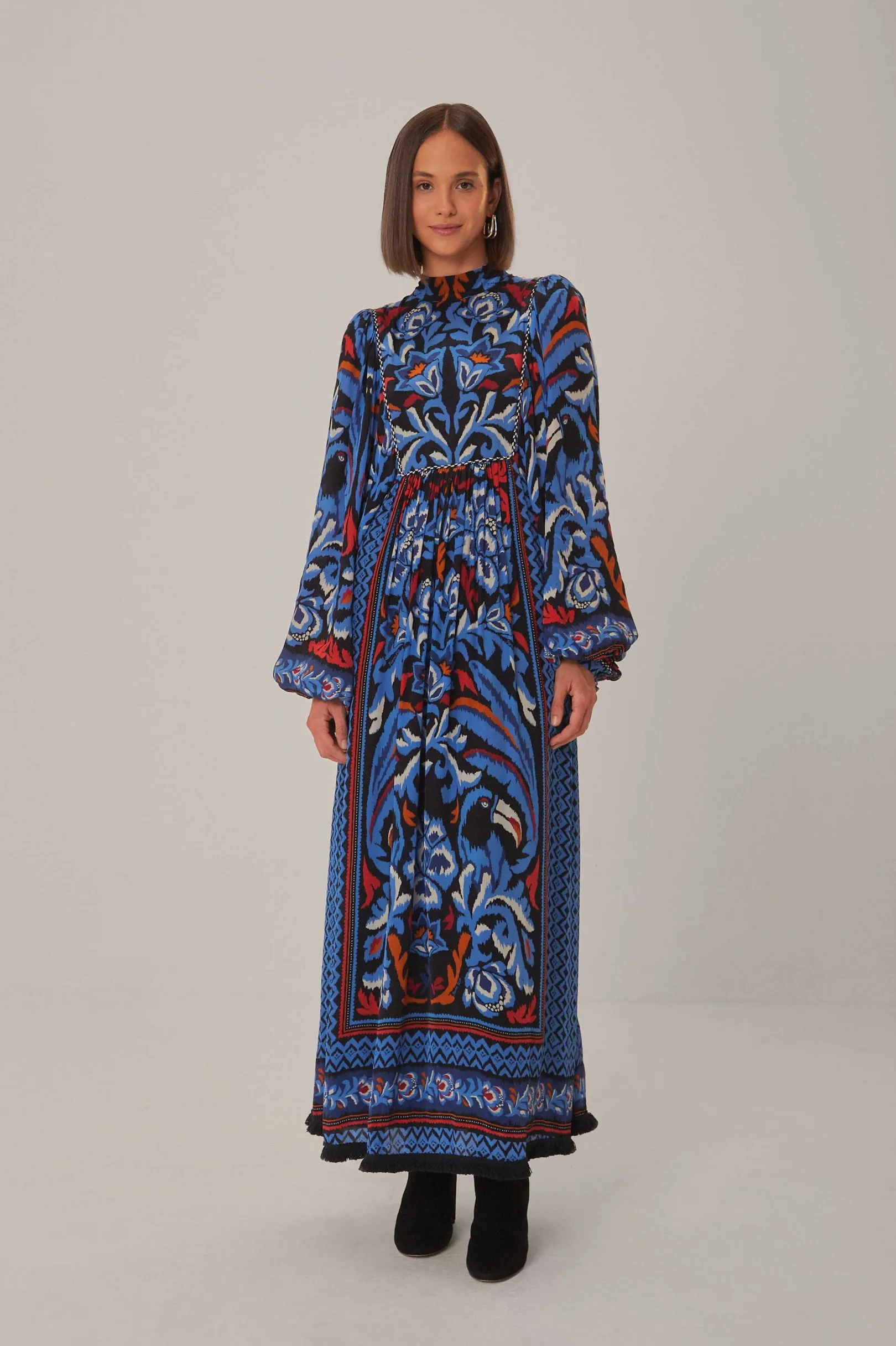 FARM Rio BLACK TOUCANS SCARF LONG SLEEVE MAXI DRESS New