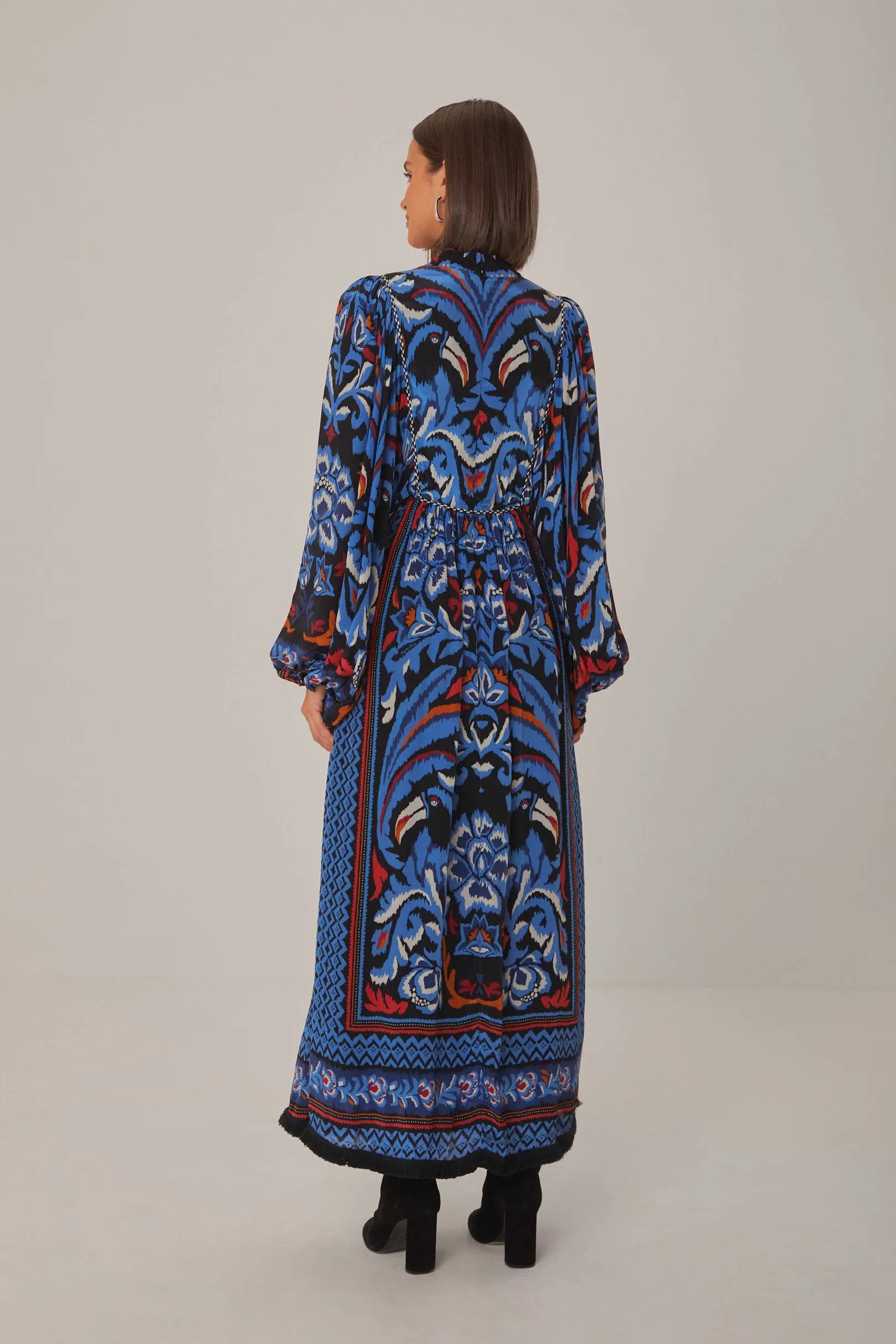 FARM Rio BLACK TOUCANS SCARF LONG SLEEVE MAXI DRESS New