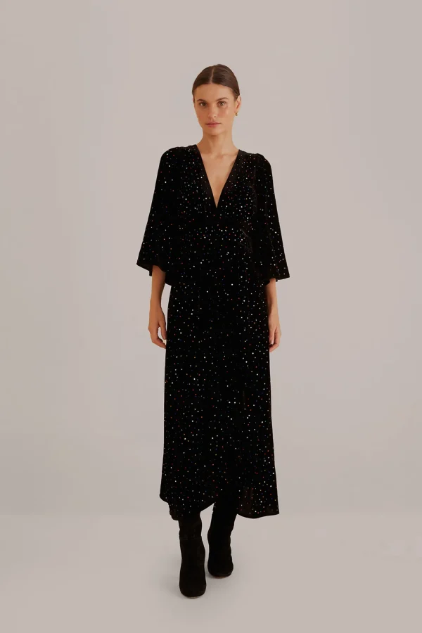 FARM Rio BLACK VELVET SHORT SLEEVE MIDI DRESS Sale