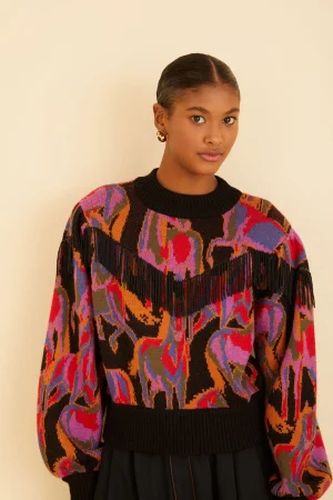 FARM Rio BLACK WILD HORSES FRINGE SWEATER Fashion