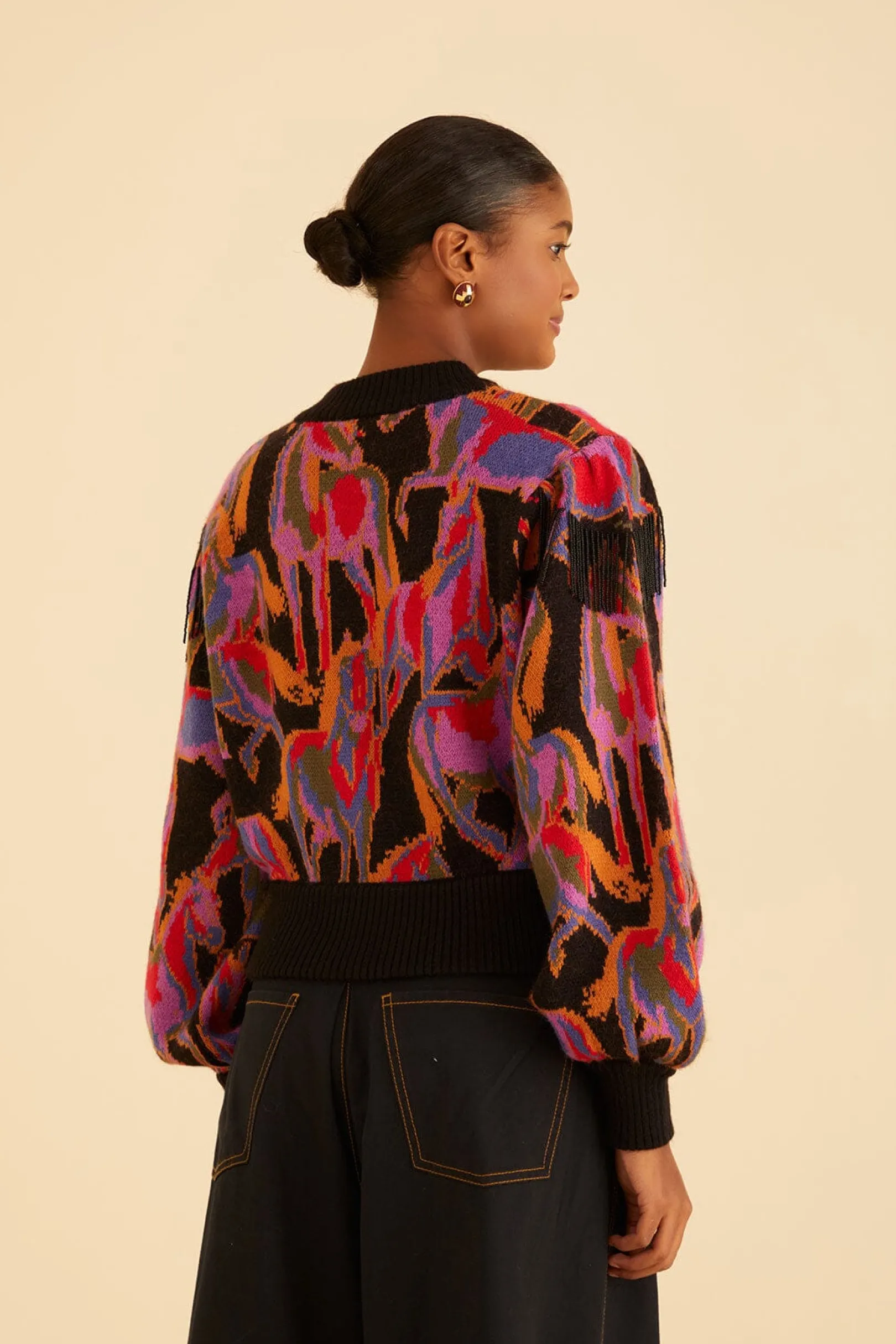 FARM Rio BLACK WILD HORSES FRINGE SWEATER Fashion