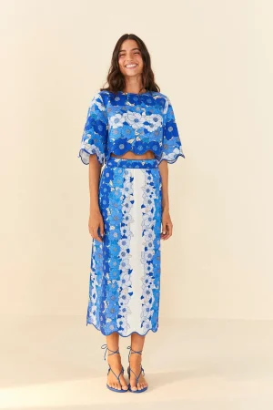 FARM Rio BLUE FLOWER STRIPES MIDI SKIRT Discount