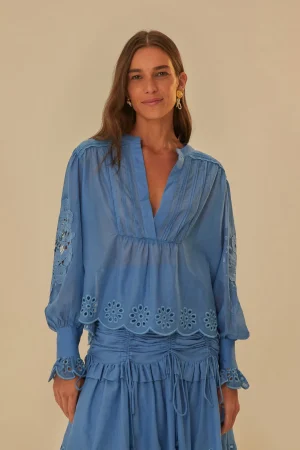 FARM Rio  BLUE LONG SLEEVE ORGANIC COTTON BLOUSE Best