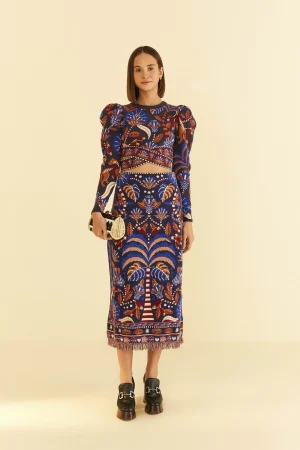 FARM Rio BLUE NATURE BEAUTY SCARF KNIT MIDI SKIRT Outlet