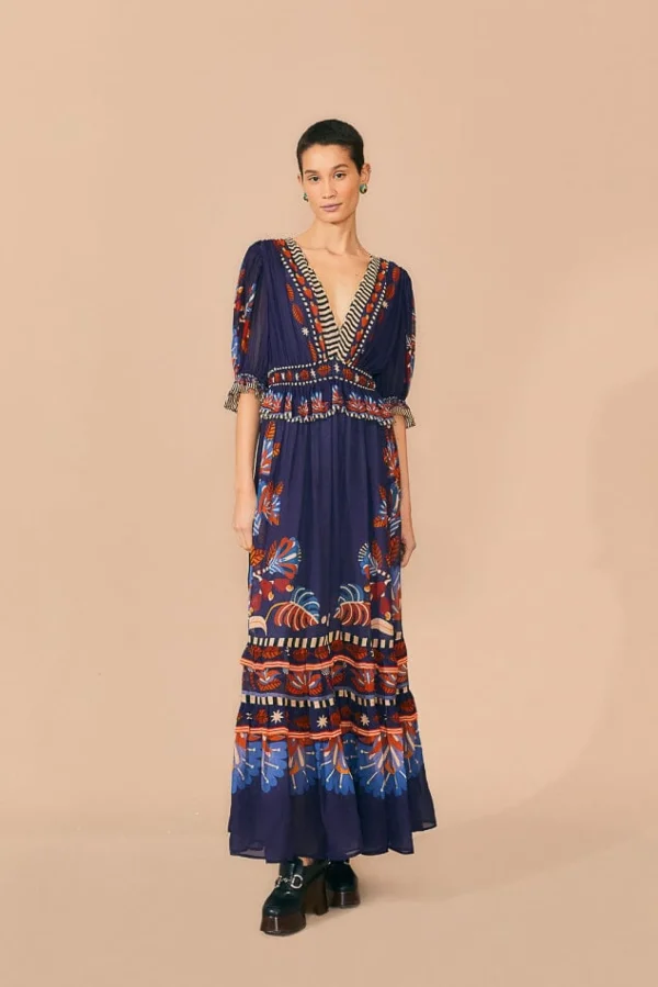 FARM Rio BLUE NATURE BEAUTY SHORT SLEEVE MAXI DRESS Clearance