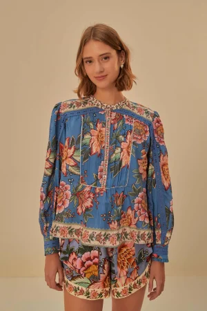FARM Rio  BLUE WONDERFUL BOUQUET LONG SLEEVE BLOUSE Online