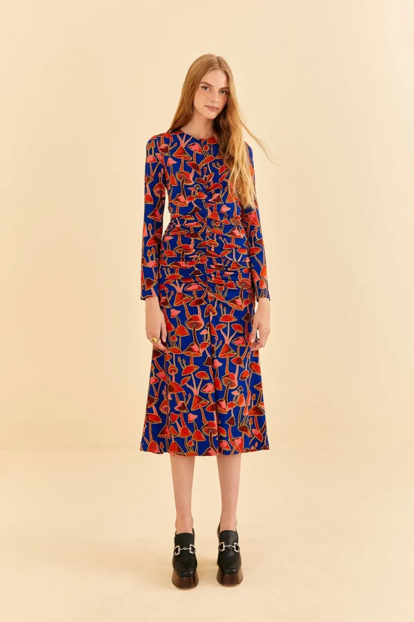 FARM Rio BRIGHT BLUE MUSHROOM SKETCH LENZING™ ECOVERO™ VISCOSE MIDI DRESS Cheap