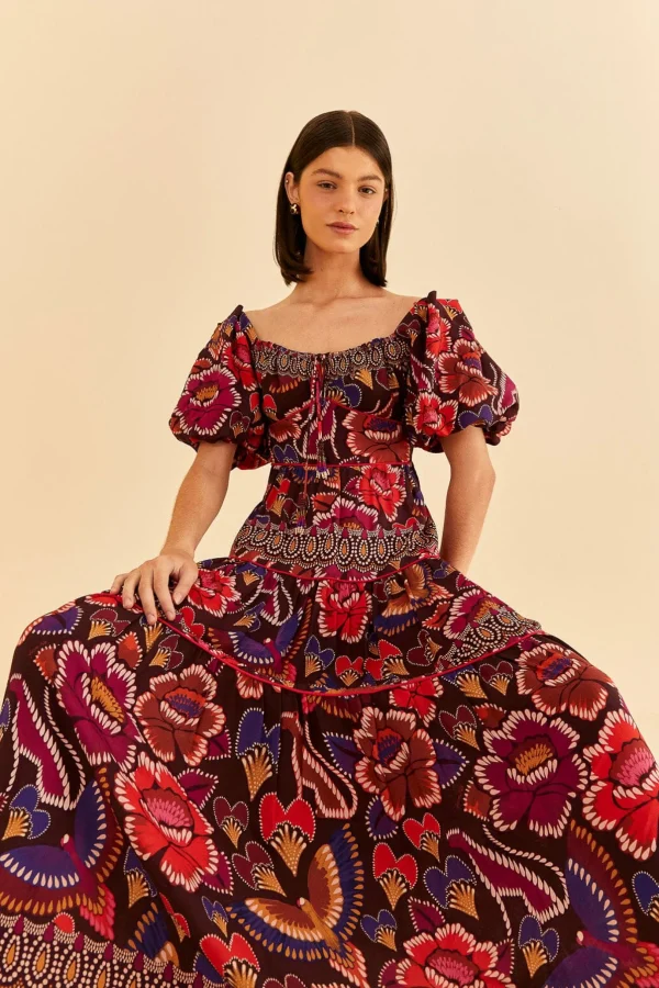 FARM Rio BROWN BRIGHT FLORA SHORT SLEEVE MIDI DRESS Discount