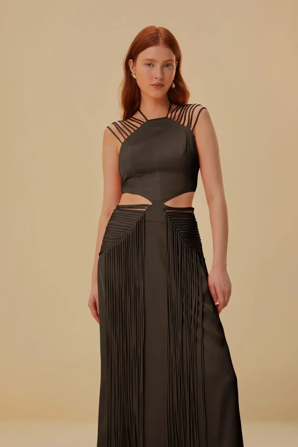 FARM Rio BROWN FRINGED SLEEVELESS MIDI DRESS Hot