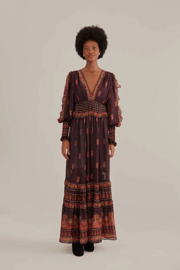 FARM Rio BROWN PAISLEY BLOOM LONG SLEEVE MAXI DRESS Best