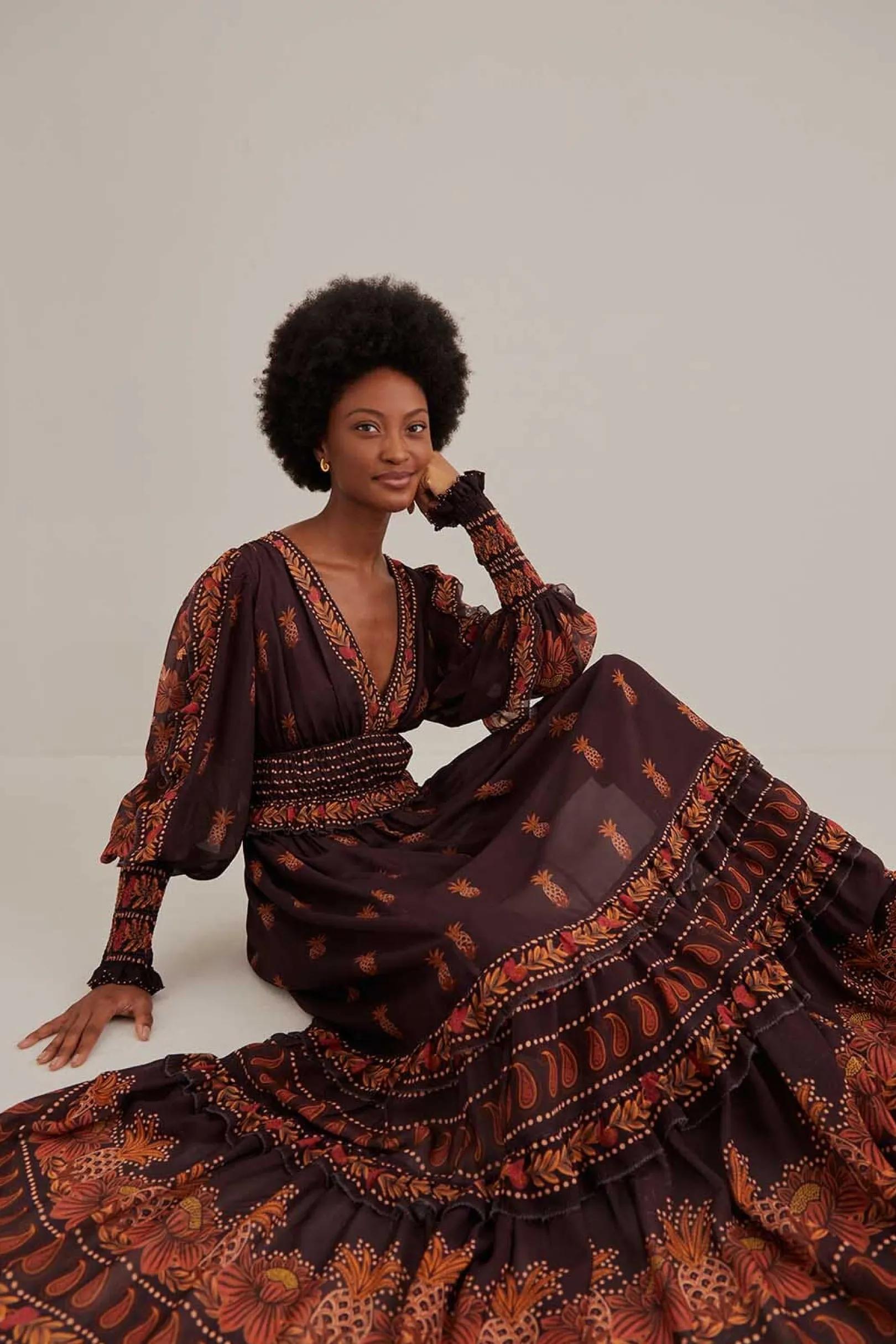 FARM Rio BROWN PAISLEY BLOOM LONG SLEEVE MAXI DRESS Best
