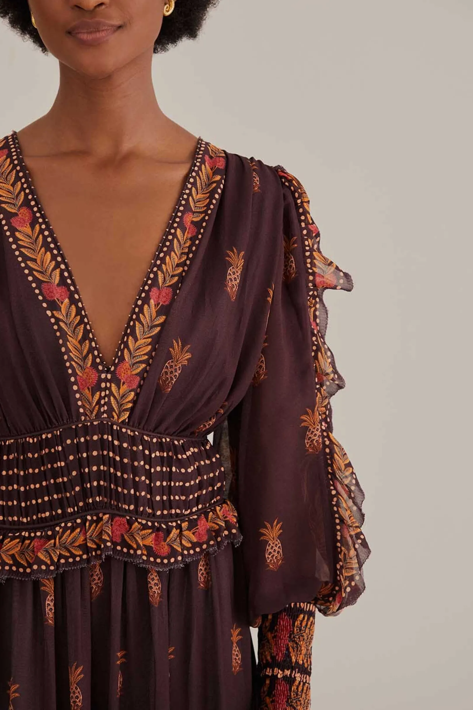 FARM Rio BROWN PAISLEY BLOOM LONG SLEEVE MAXI DRESS Best