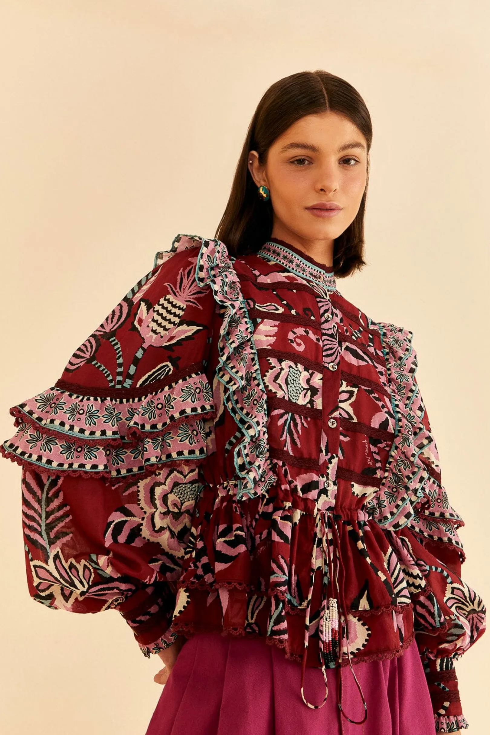 FARM Rio BURGUNDY PINEAPPLE INSPIRATION RUFFLE BLOUSE Cheap