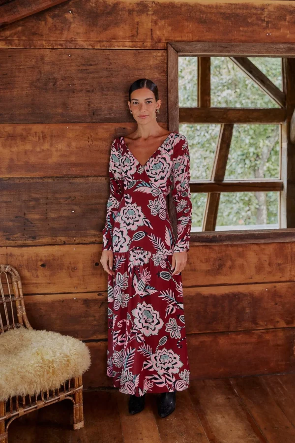 FARM Rio BURGUNDY PINEAPPLE INSPIRATION V NECK MAXI DRESS Clearance