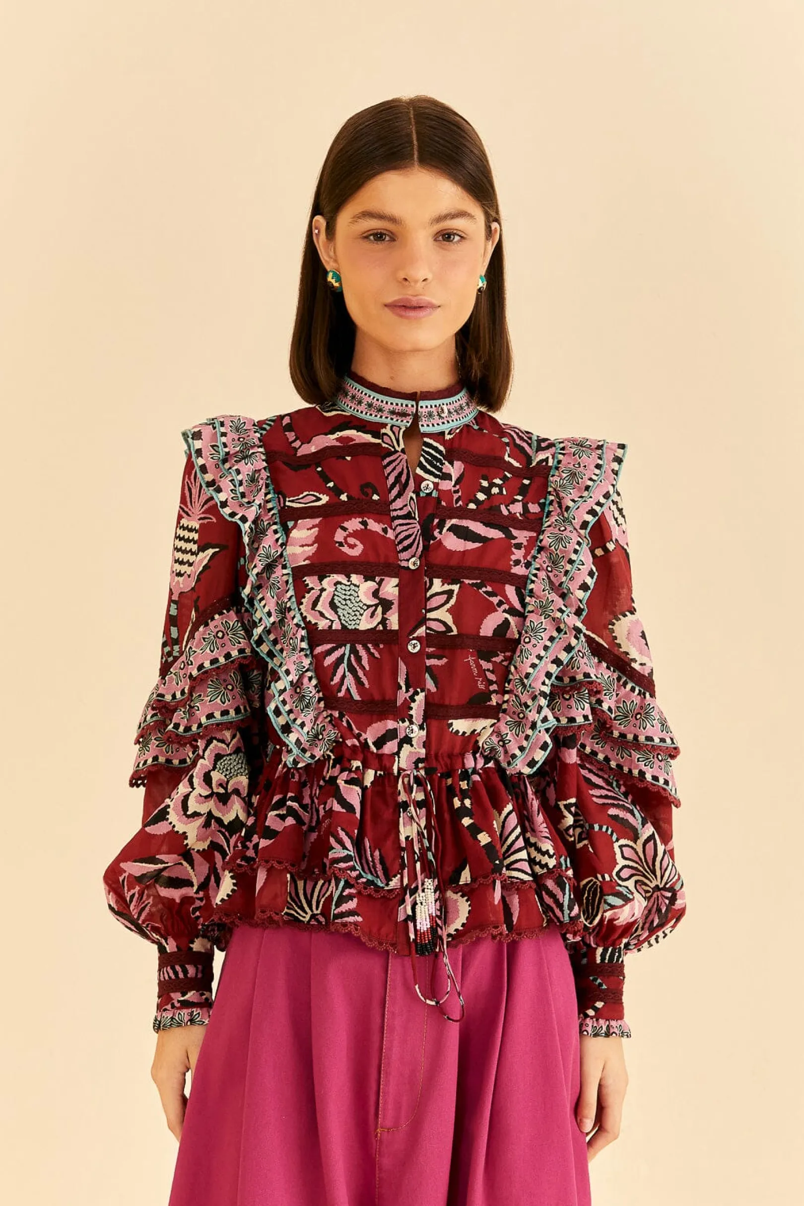 FARM Rio BURGUNDY PINEAPPLE INSPIRATION RUFFLE BLOUSE Cheap