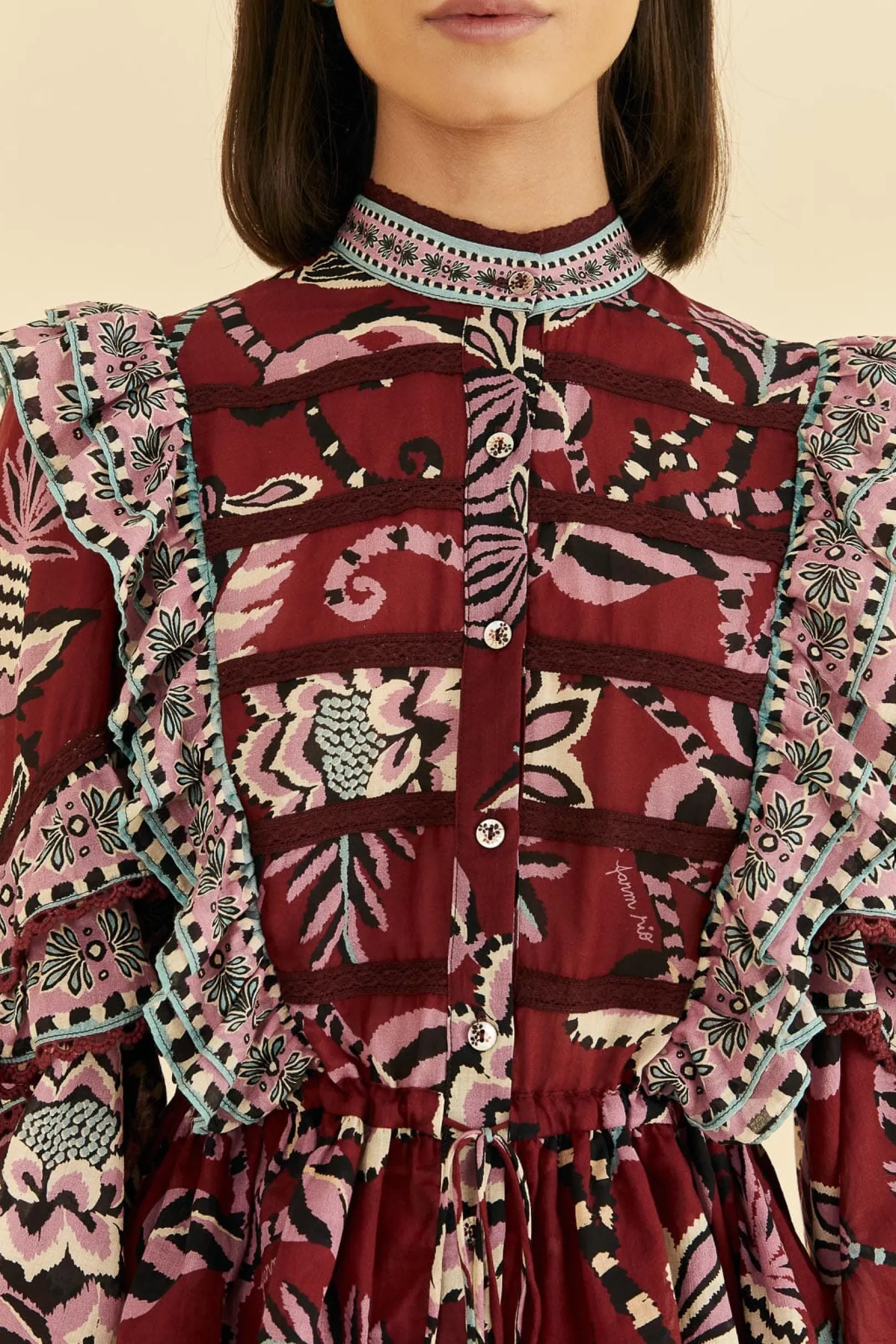 FARM Rio BURGUNDY PINEAPPLE INSPIRATION RUFFLE BLOUSE Cheap