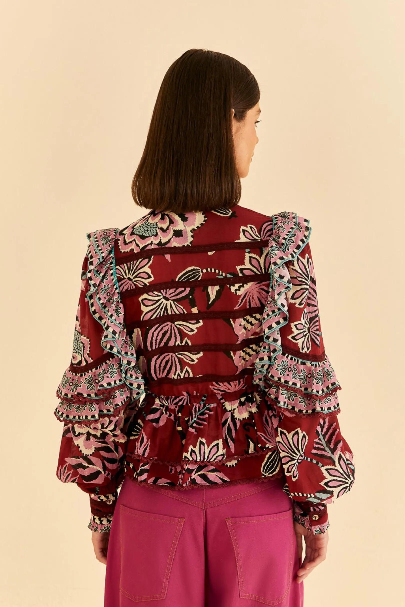 FARM Rio BURGUNDY PINEAPPLE INSPIRATION RUFFLE BLOUSE Cheap