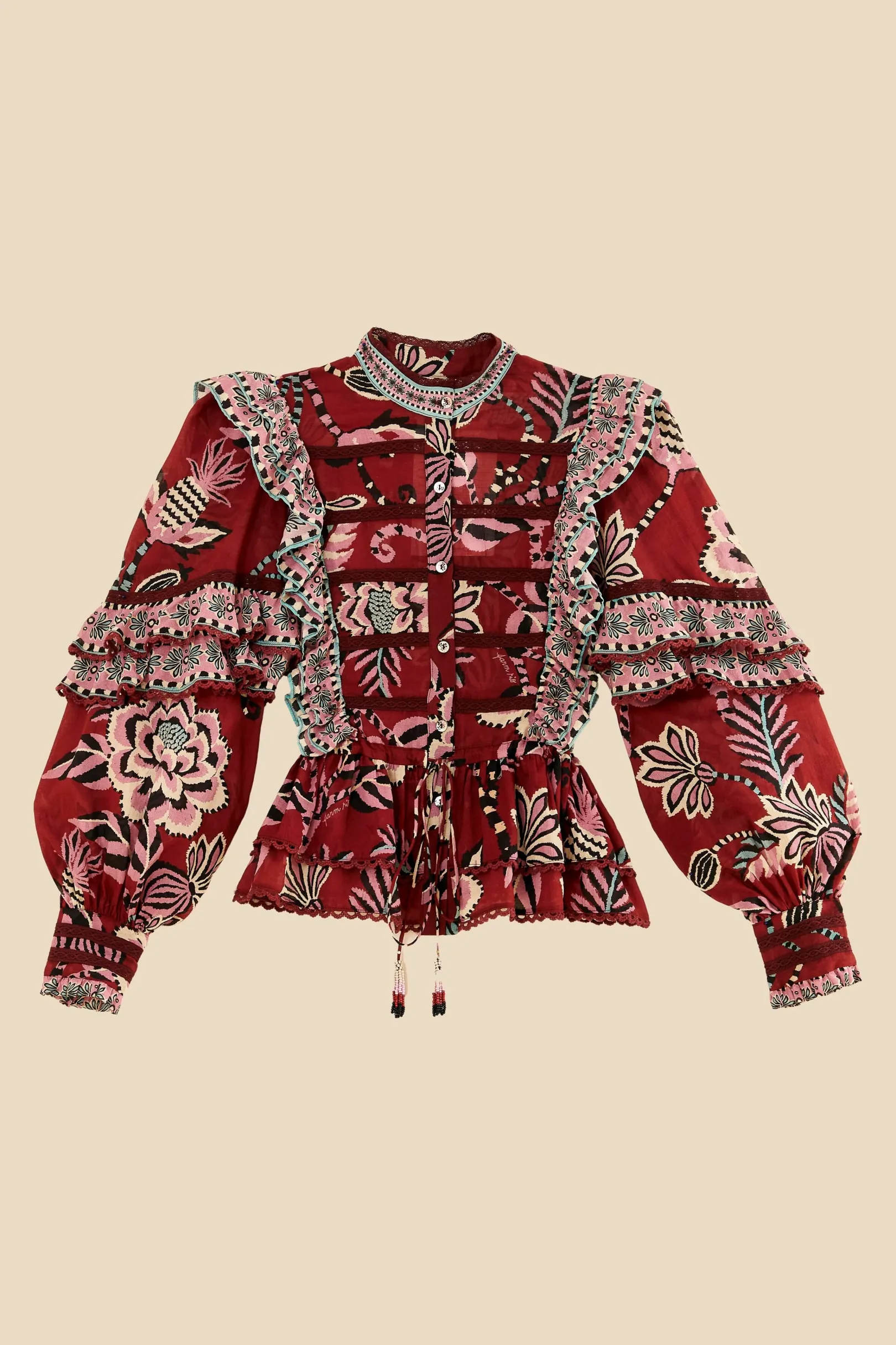 FARM Rio BURGUNDY PINEAPPLE INSPIRATION RUFFLE BLOUSE Cheap