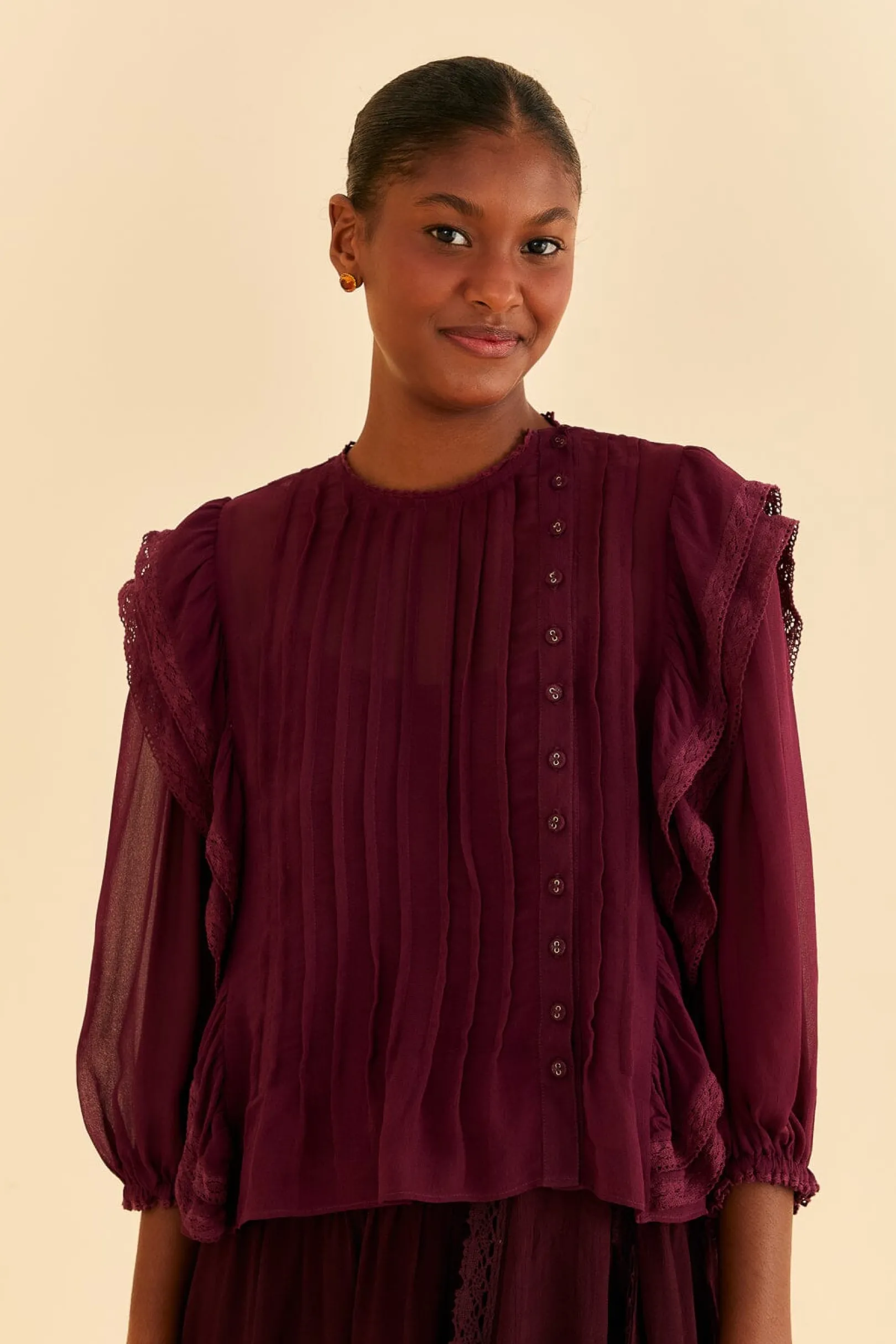 FARM Rio BURGUNDY RUFFLE BLOUSE Outlet