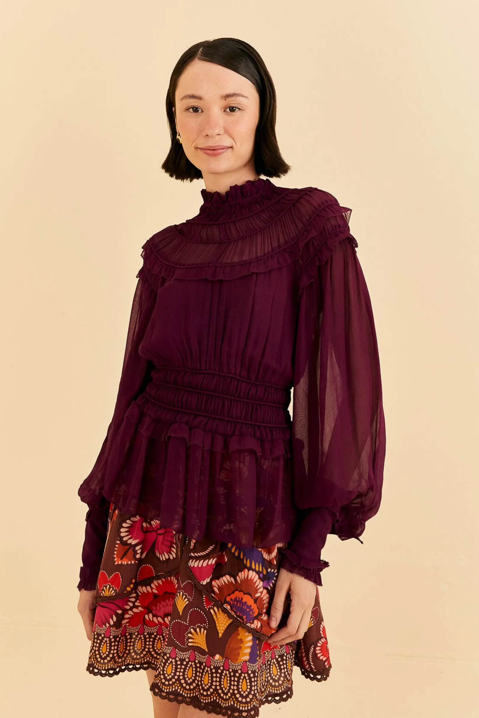 FARM Rio BURGUNDY RUFFLE HIGH NECK BLOUSE Best