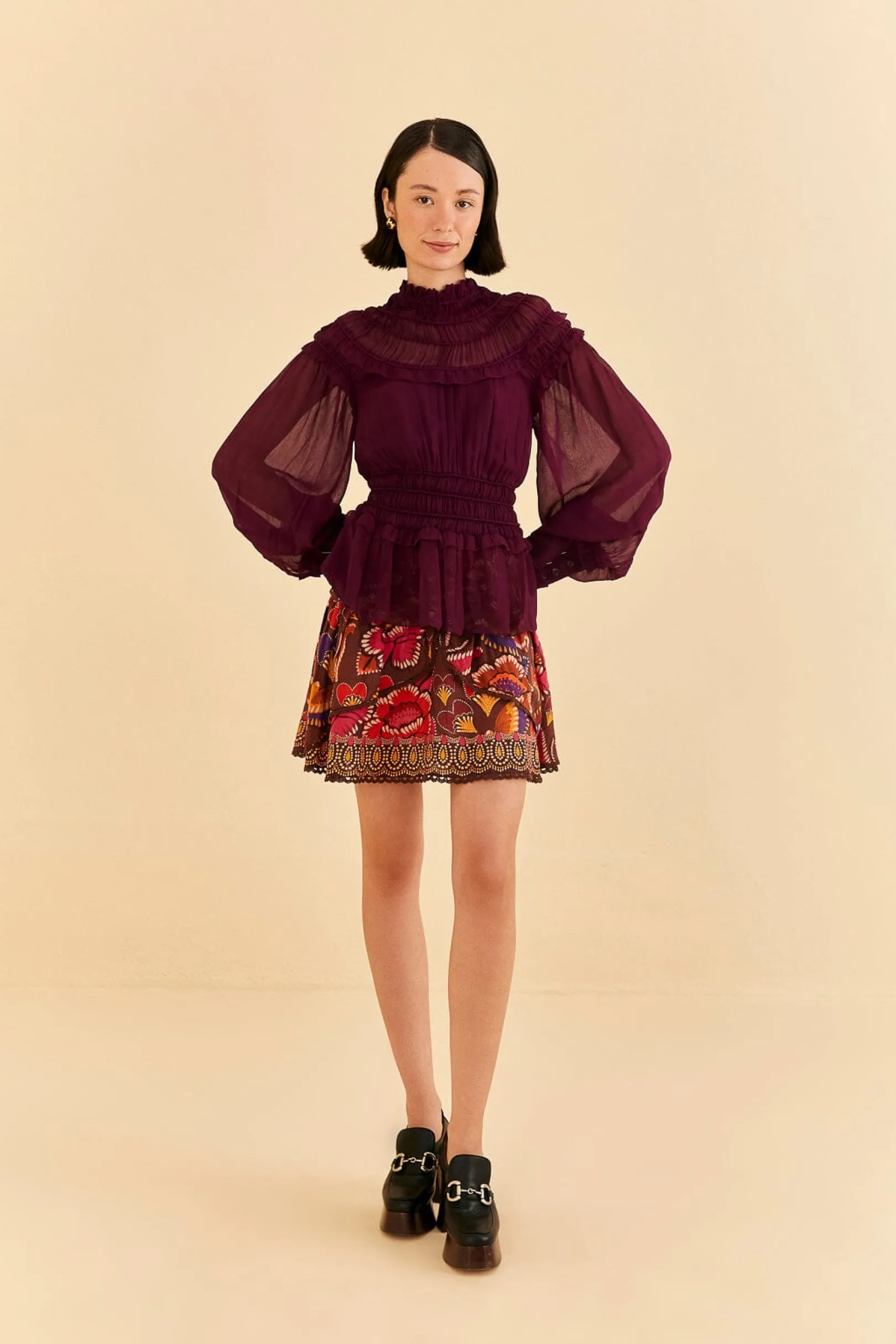 FARM Rio BURGUNDY RUFFLE HIGH NECK BLOUSE Best