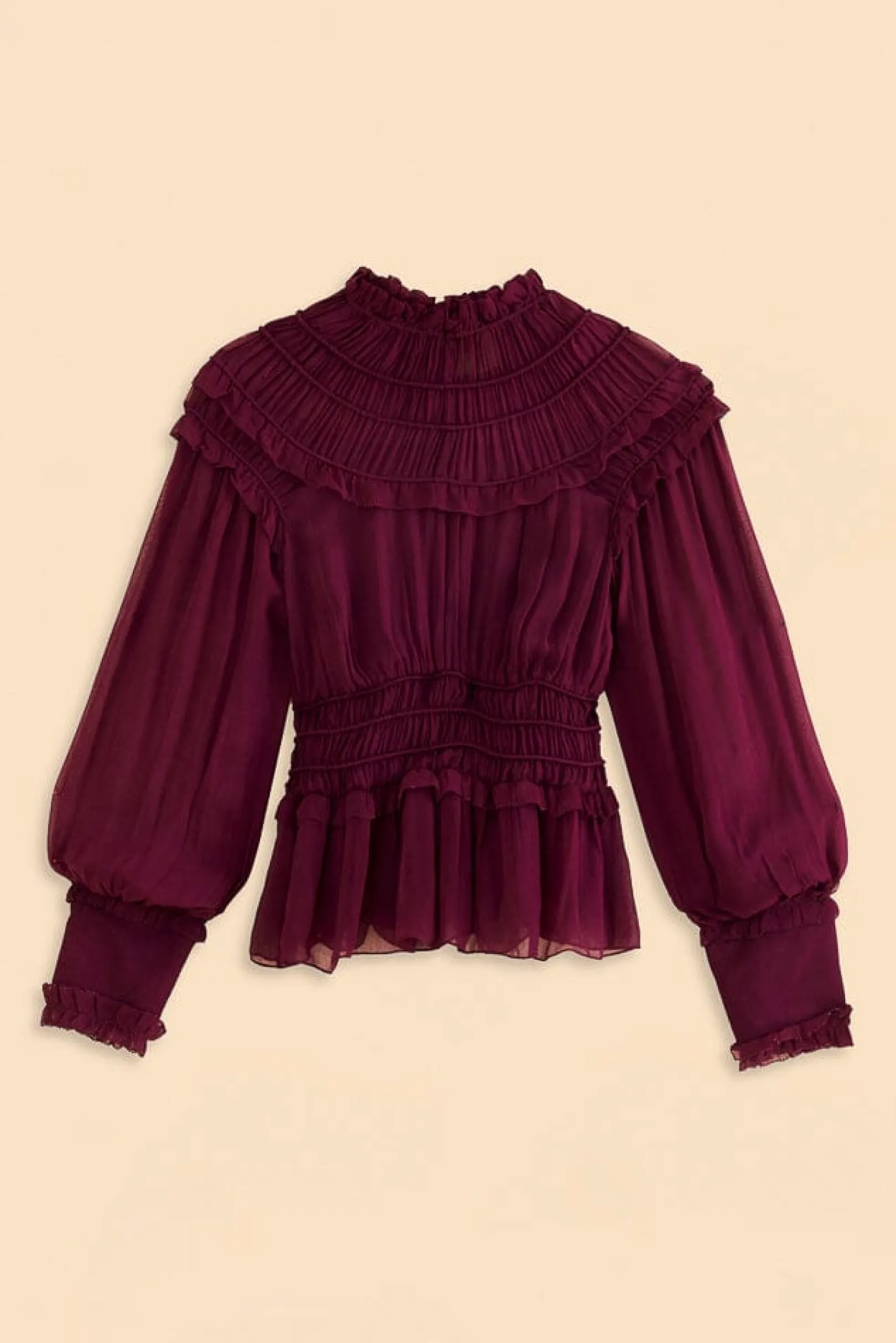 FARM Rio BURGUNDY RUFFLE HIGH NECK BLOUSE Best