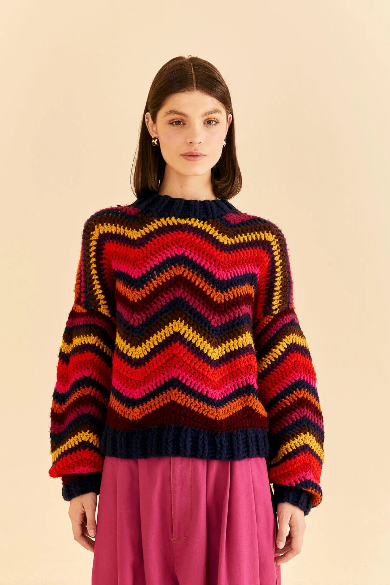 FARM Rio COLORFUL WAVES CROCHET HIGH NECK SWEATER Shop
