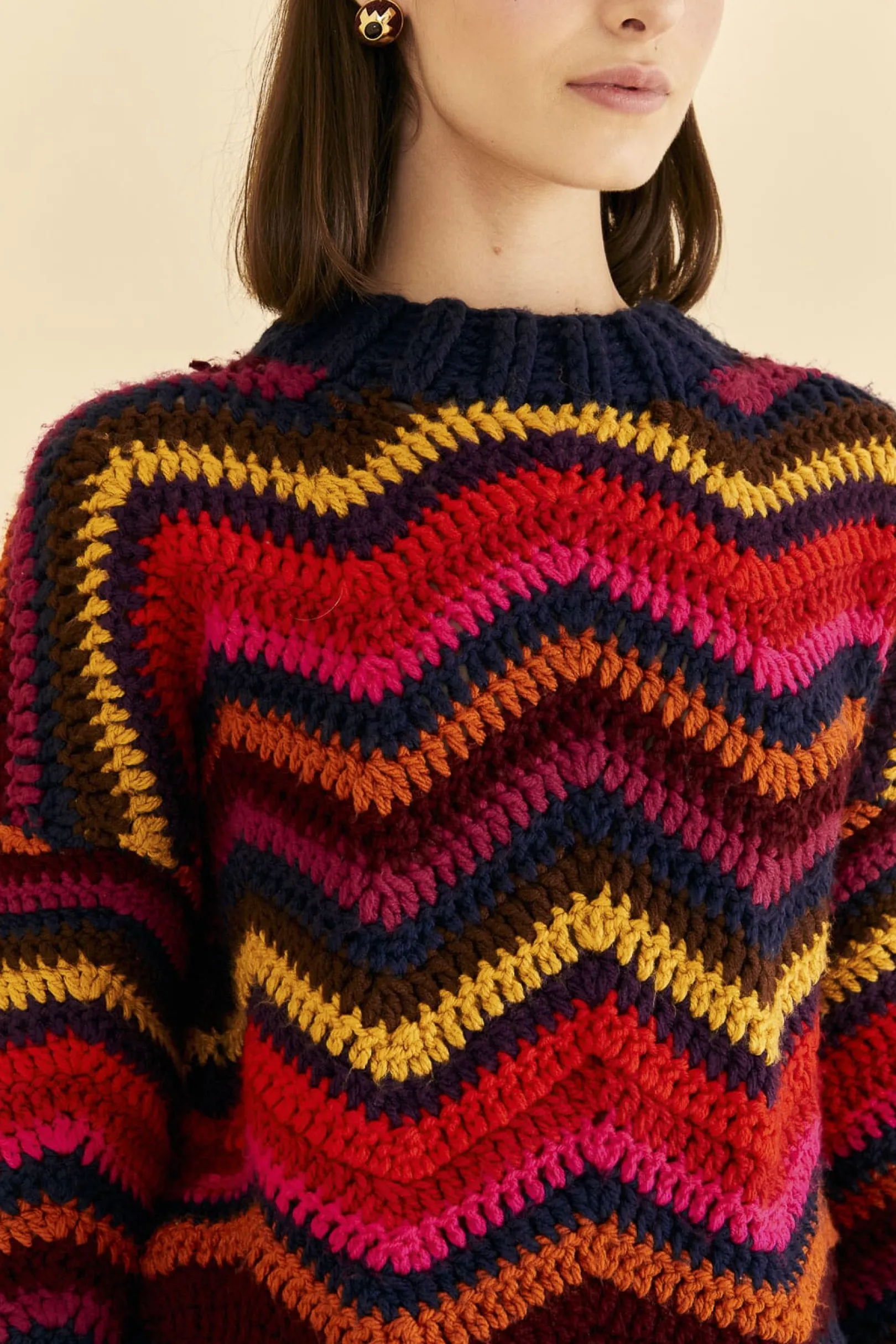 FARM Rio COLORFUL WAVES CROCHET HIGH NECK SWEATER Shop