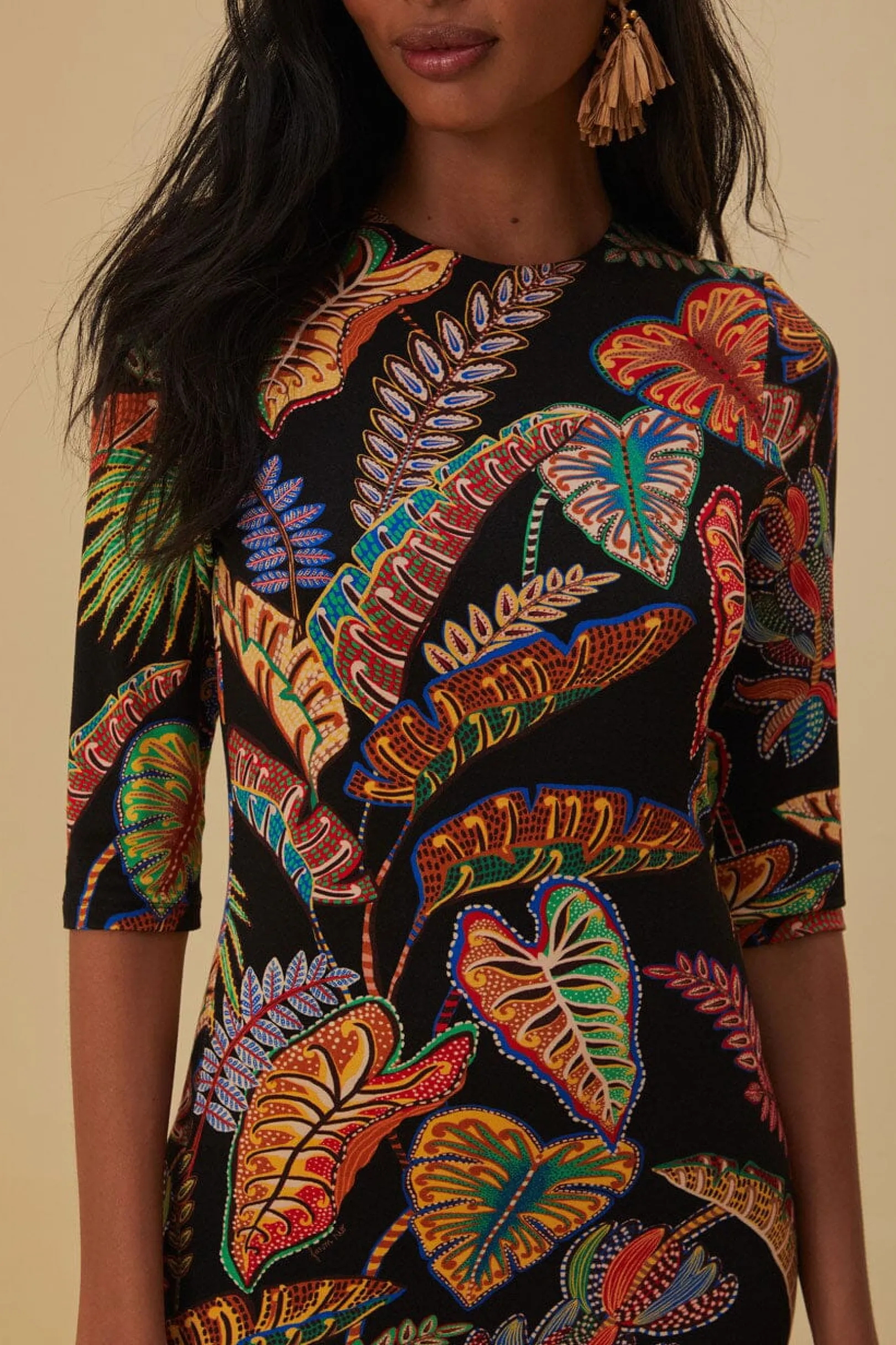 FARM Rio COOL FOLIAGE BLACK JERSEY MIDI DRESS Discount