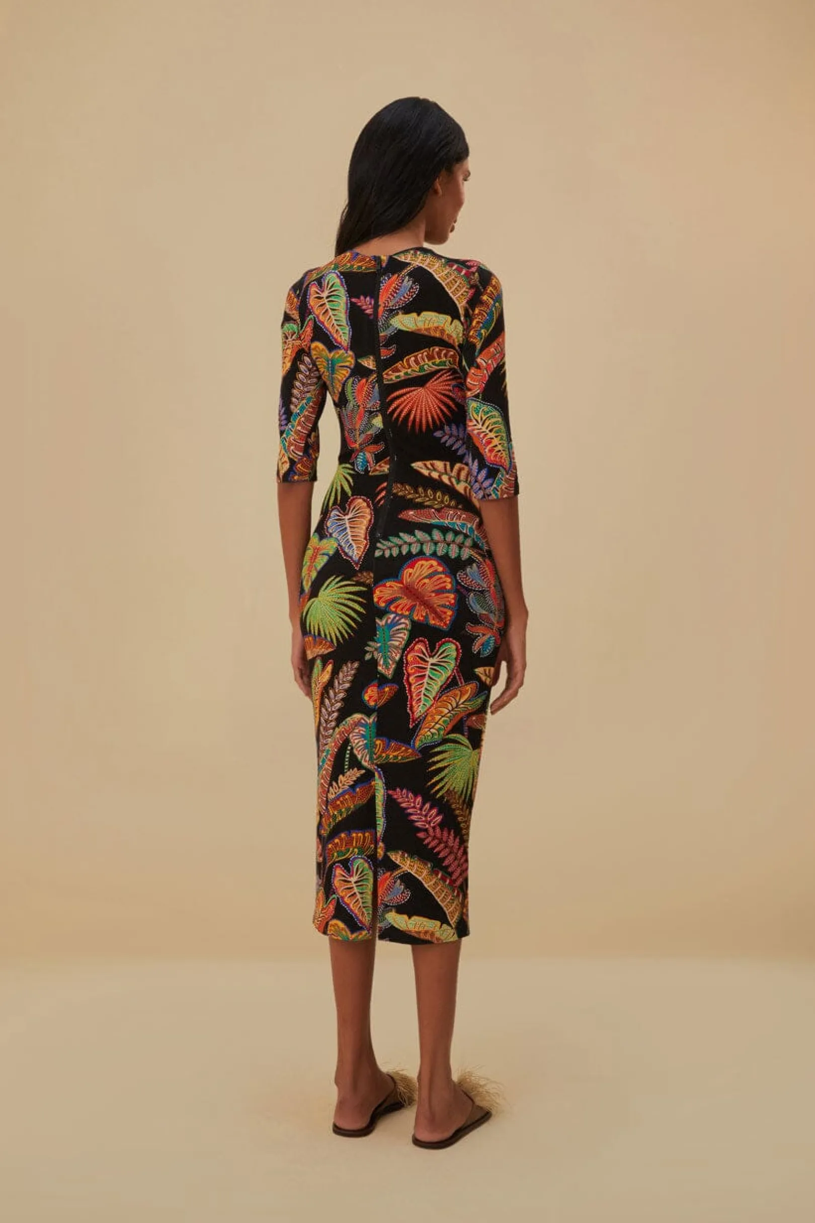 FARM Rio COOL FOLIAGE BLACK JERSEY MIDI DRESS Discount