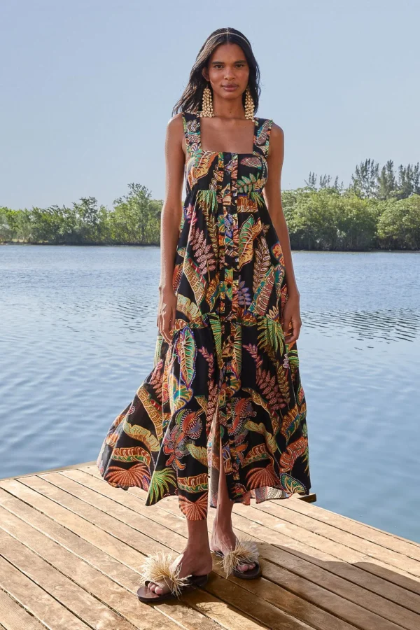 FARM Rio COOL FOLIAGE BLACK SLEEVELESS MAXI DRESS Clearance