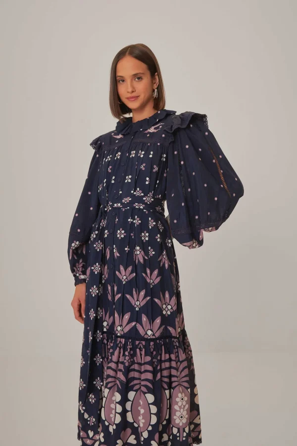 FARM Rio DARK BLUE AINIKA MARTINA LONG SLEEVE MIDI DRESS Clearance