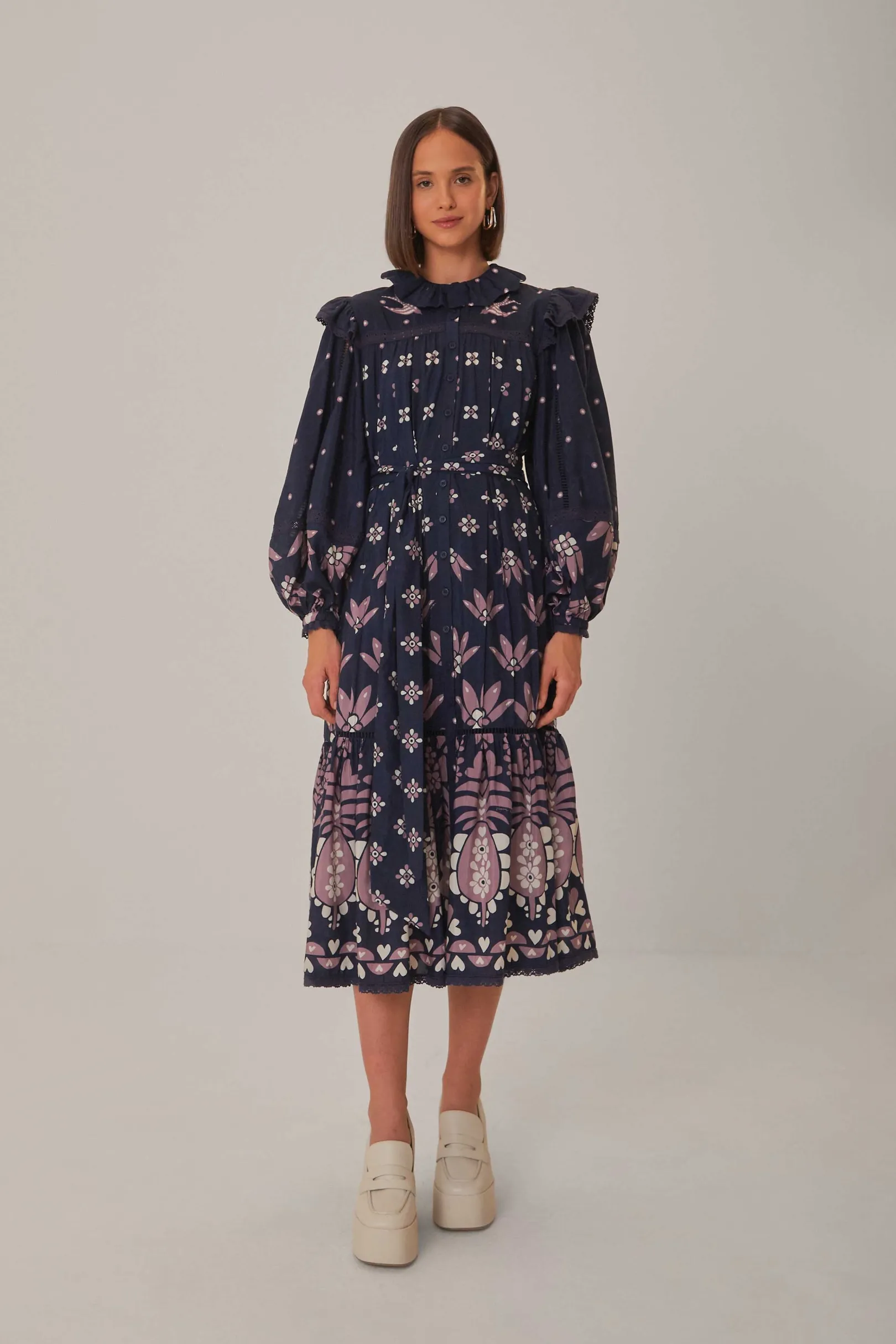FARM Rio DARK BLUE AINIKA MARTINA LONG SLEEVE MIDI DRESS Clearance