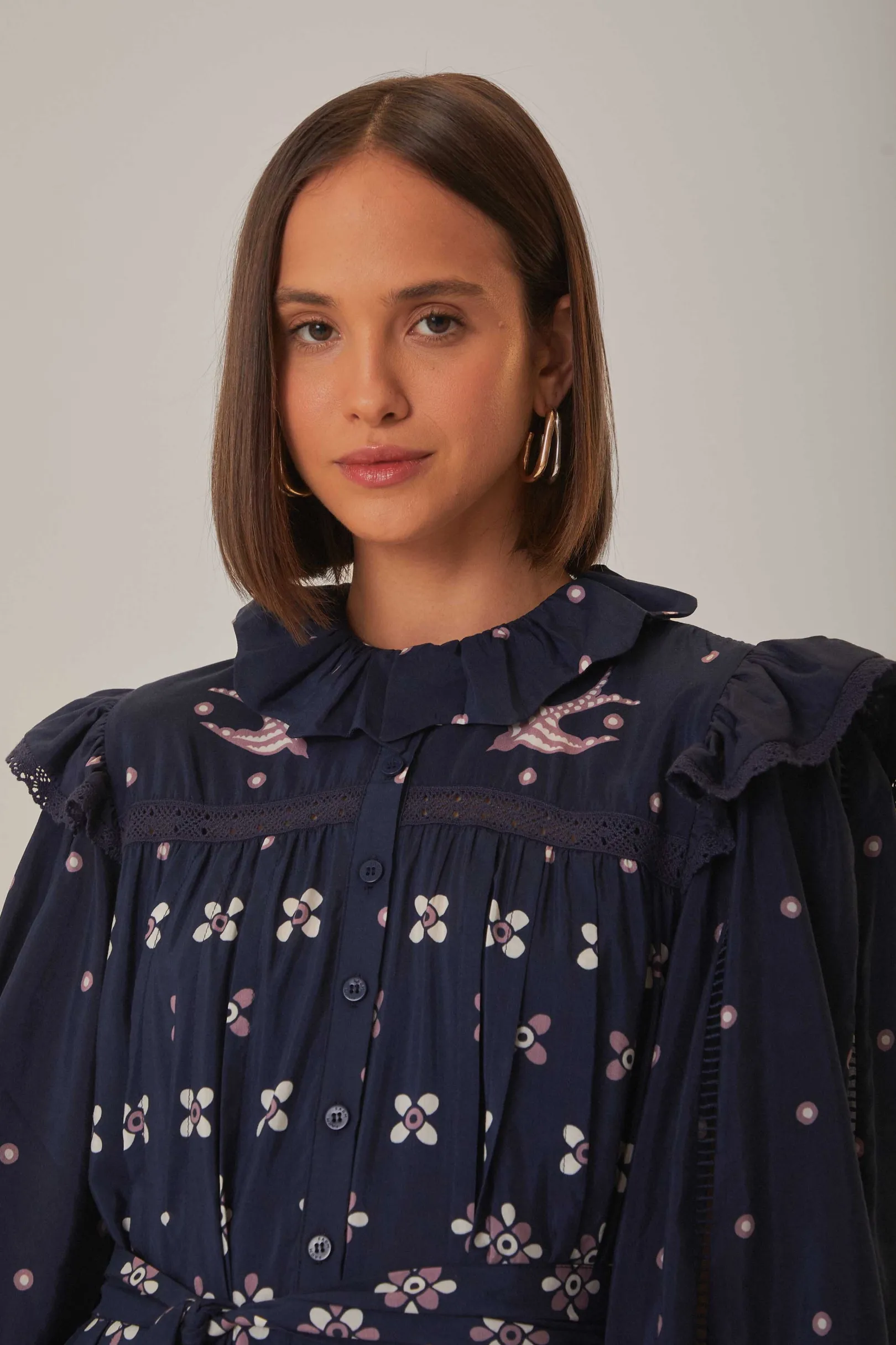 FARM Rio DARK BLUE AINIKA MARTINA LONG SLEEVE MIDI DRESS Clearance