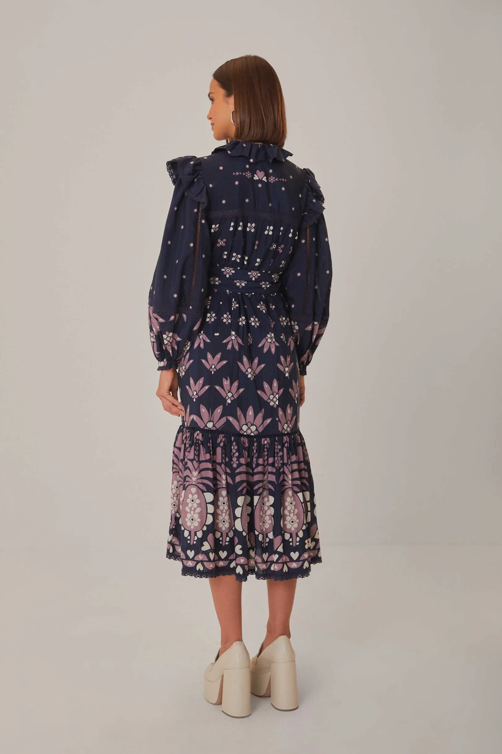FARM Rio DARK BLUE AINIKA MARTINA LONG SLEEVE MIDI DRESS Clearance