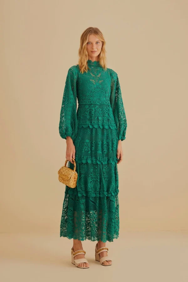 FARM Rio DARK GREEN GUIPURE LONG SLEEVE MAXI DRESS Clearance
