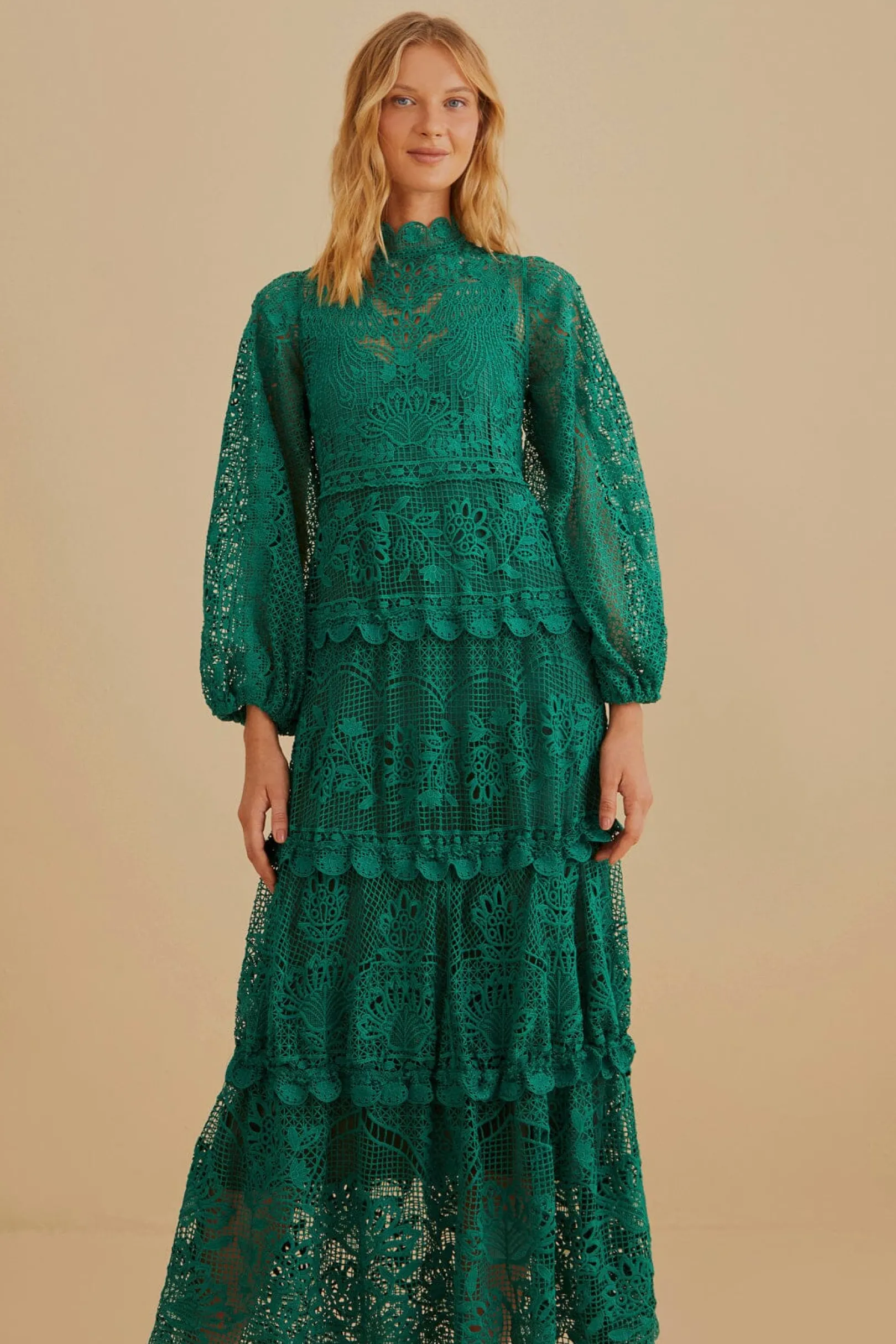 FARM Rio DARK GREEN GUIPURE LONG SLEEVE MAXI DRESS Clearance