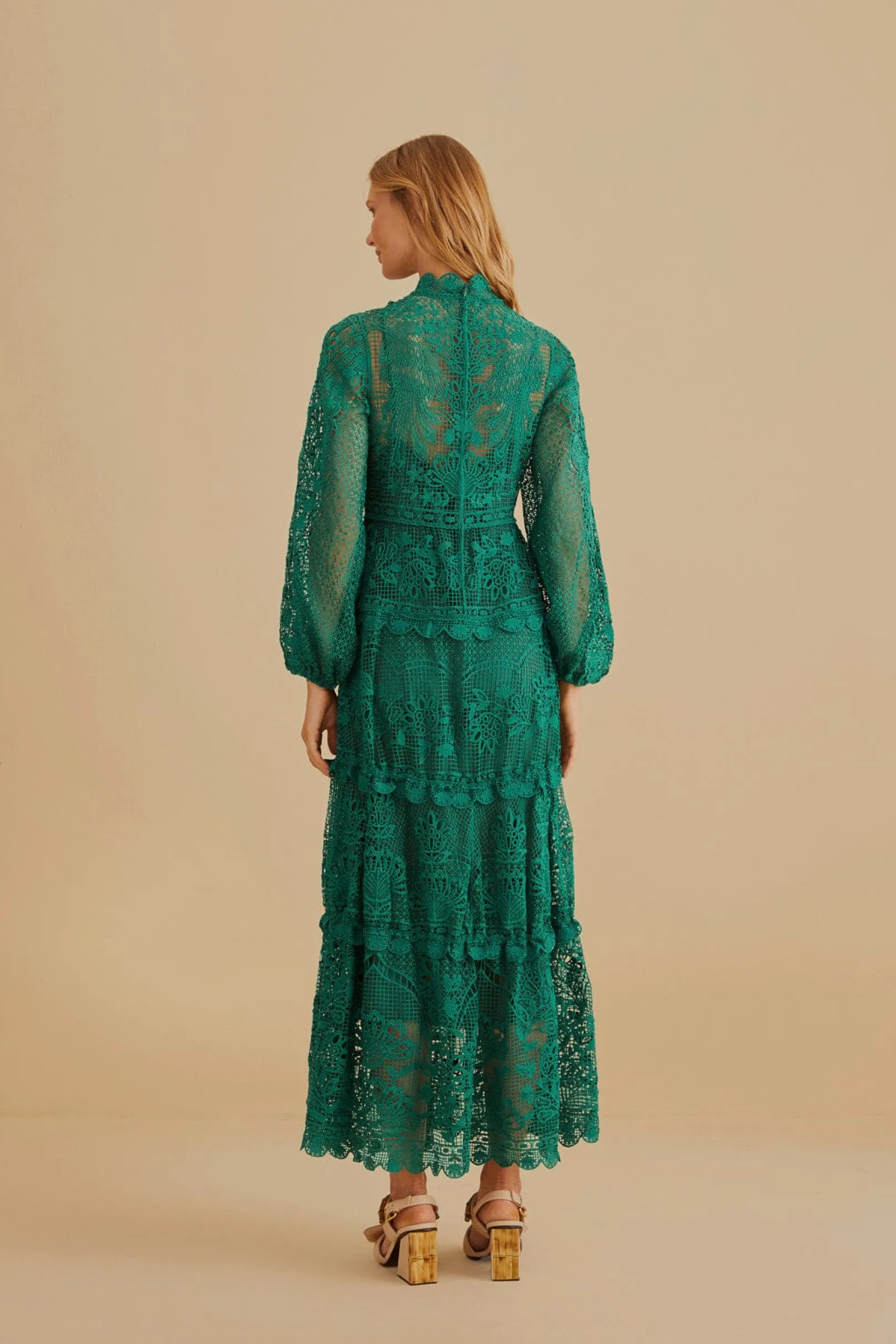 FARM Rio DARK GREEN GUIPURE LONG SLEEVE MAXI DRESS Clearance