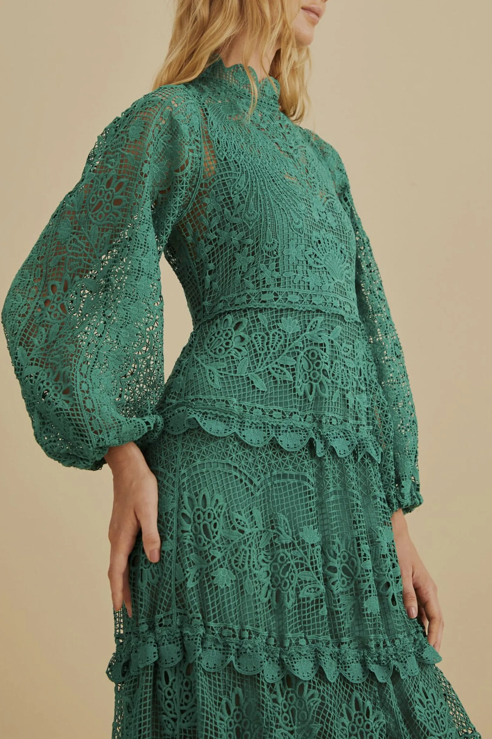 FARM Rio DARK GREEN GUIPURE LONG SLEEVE MAXI DRESS Clearance