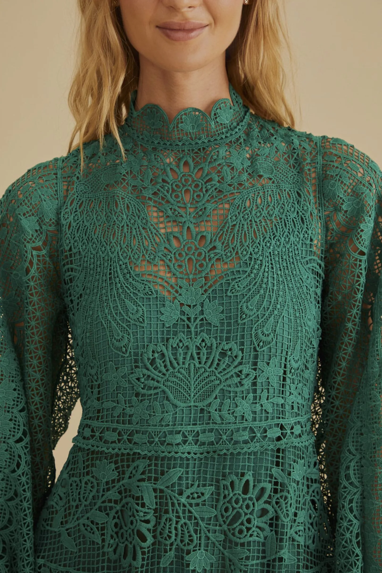 FARM Rio DARK GREEN GUIPURE LONG SLEEVE MAXI DRESS Clearance