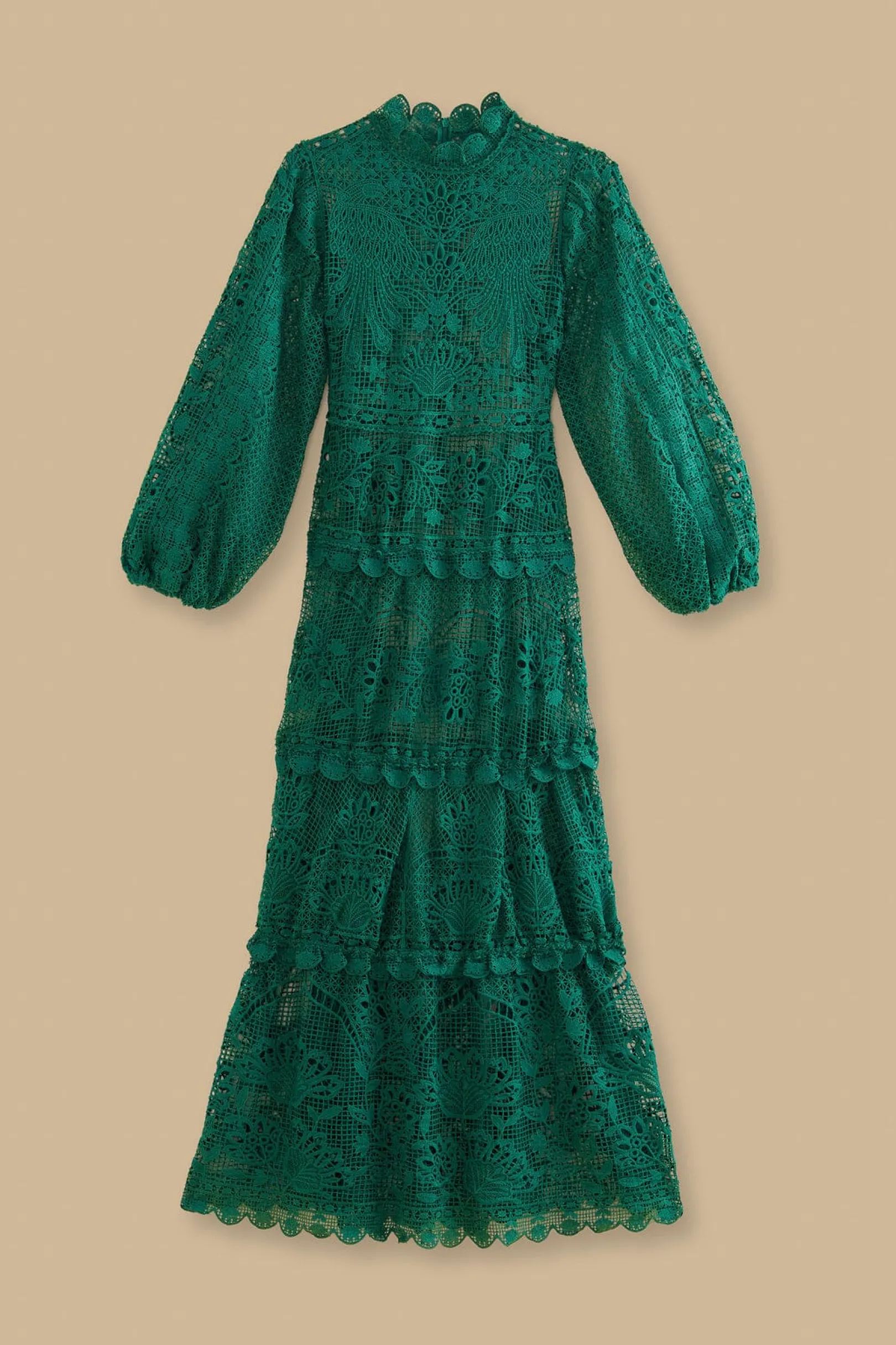 FARM Rio DARK GREEN GUIPURE LONG SLEEVE MAXI DRESS Clearance
