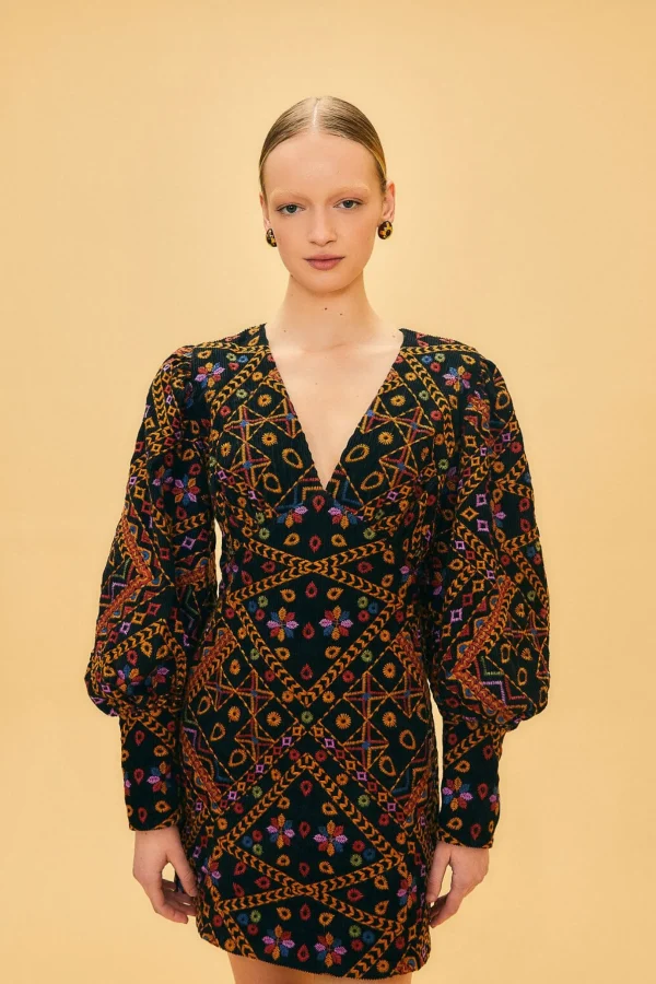 FARM Rio EMBROIDERED CORDUROY PUFF SLEEVE MINI DRESS Clearance