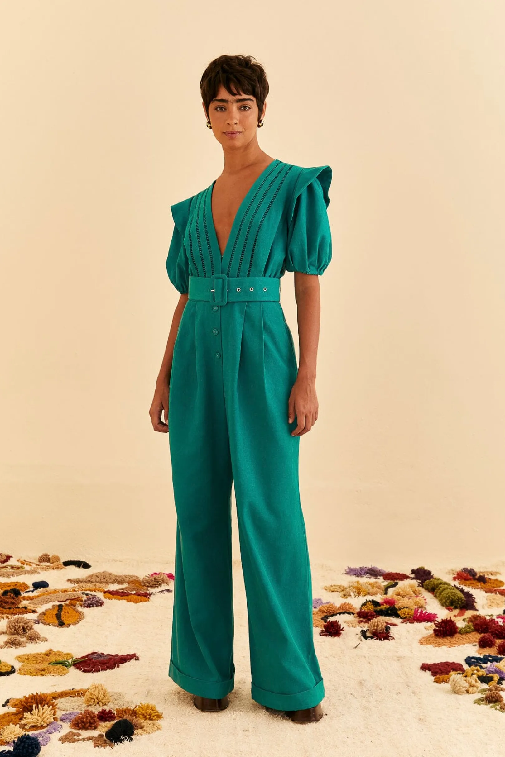 FARM Rio EMERALD PLEATED SHORT SLEEVE JUMPSUIT Cheap