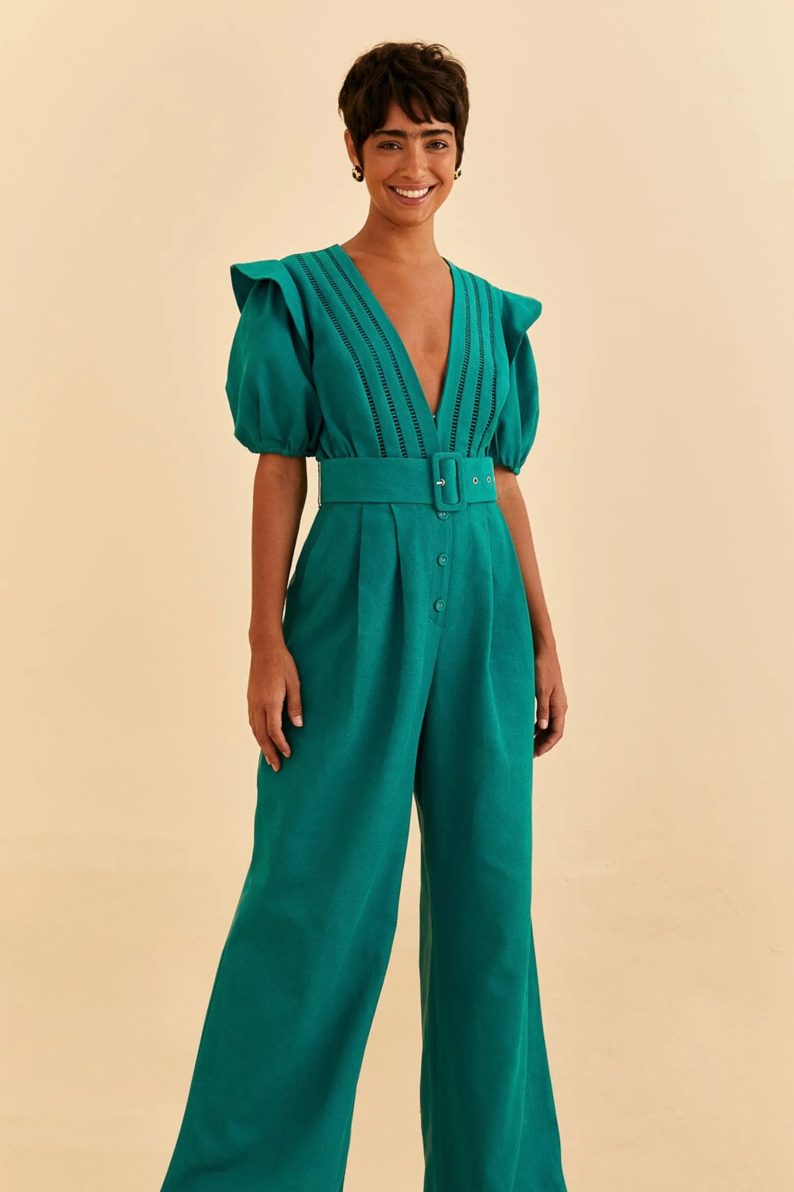 FARM Rio EMERALD PLEATED SHORT SLEEVE JUMPSUIT Cheap