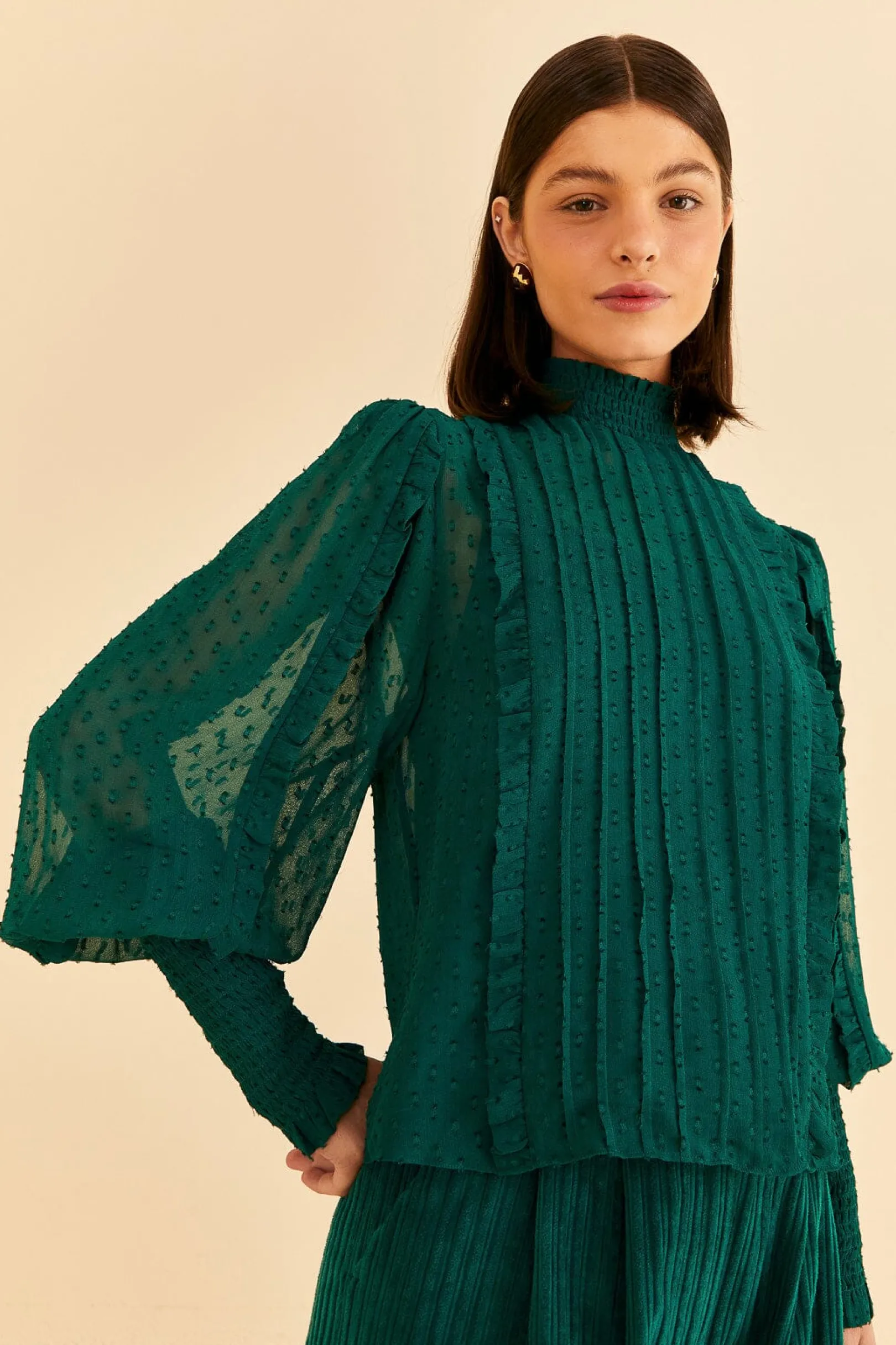 FARM Rio EMERALD RUFFLE LONG SLEEVE BLOUSE Best Sale