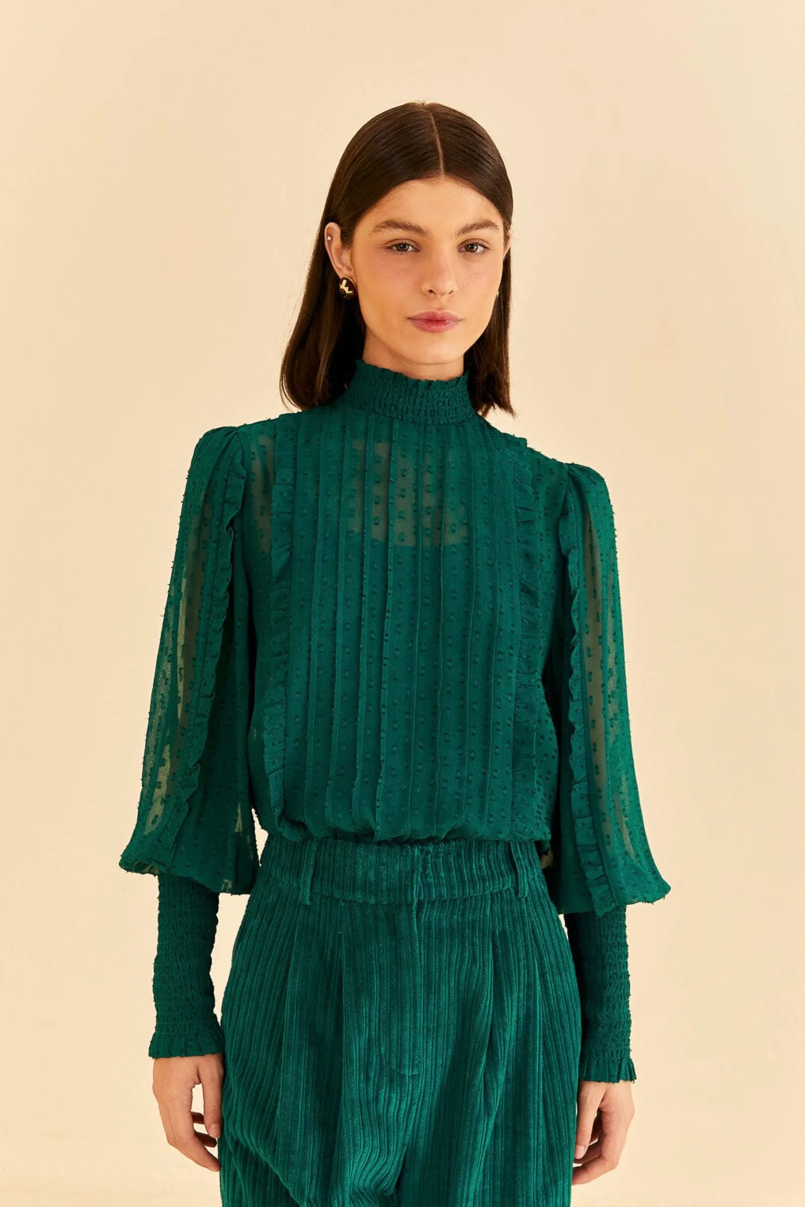 FARM Rio EMERALD RUFFLE LONG SLEEVE BLOUSE Best Sale