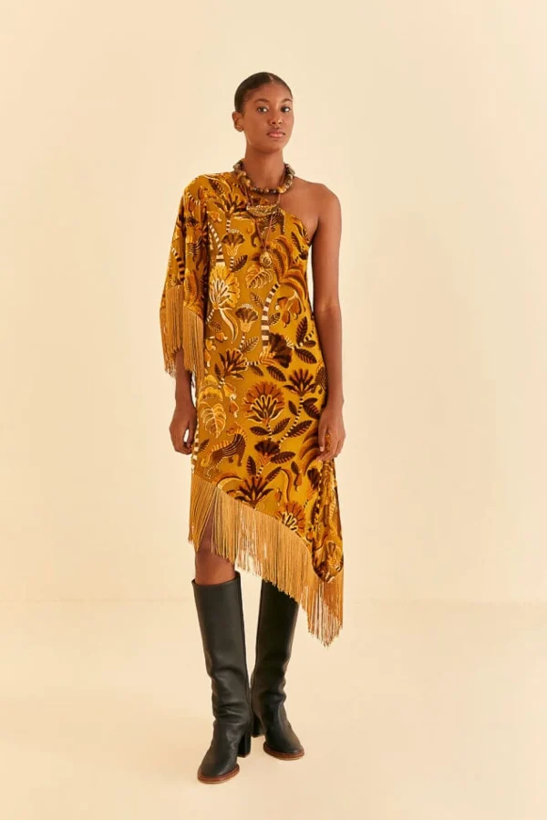 FARM Rio GOLDEN YELLOW VELVET ONE SHOULDER FRINGE DRESS New