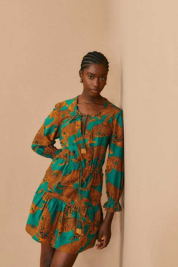 FARM Rio GREEN ARTSY LEOPARDS LONG SLEEVE MINI DRESS Store