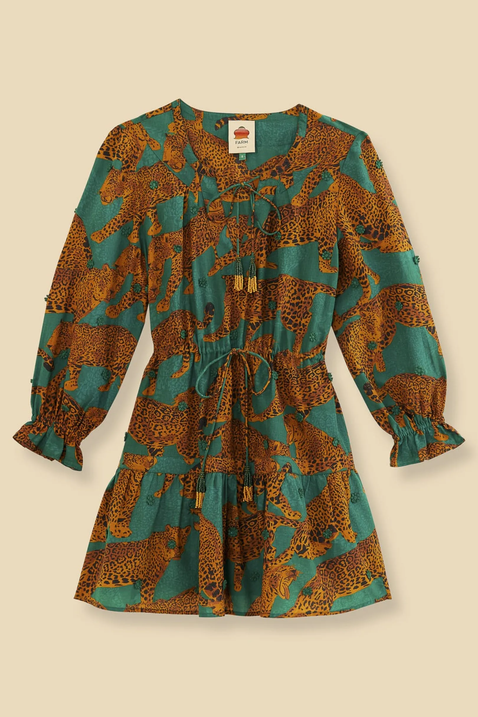 FARM Rio GREEN ARTSY LEOPARDS LONG SLEEVE MINI DRESS Store